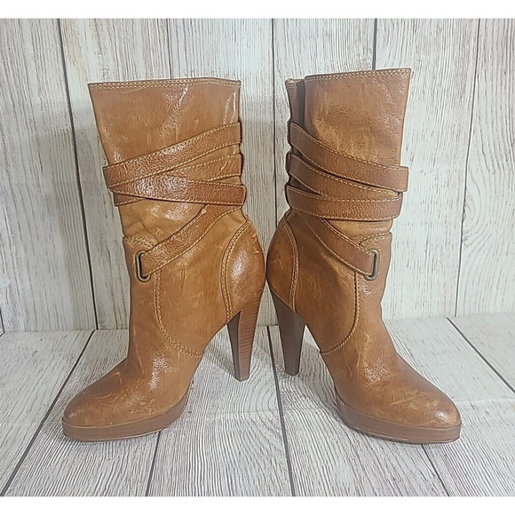Frye Harlow Multi Strap Boots Women's 6.5 Pull On Tan Leather 4" Heel FLAWS - Picture 2 of 15